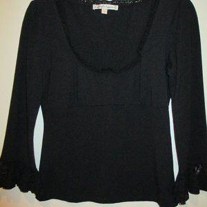 NANETTE LEPORE SCOOP NECK TANK TOP 3/4 SLEEVES LACE TRIM BLACK SZ SMALL PETITE